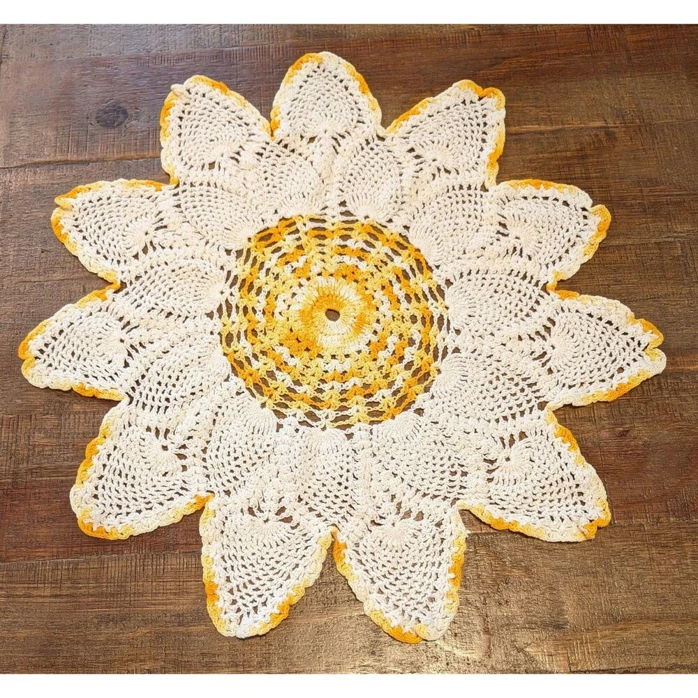 Large Star Shaped Round Crocheted Cotton Doily Orange Off-White  21.75
